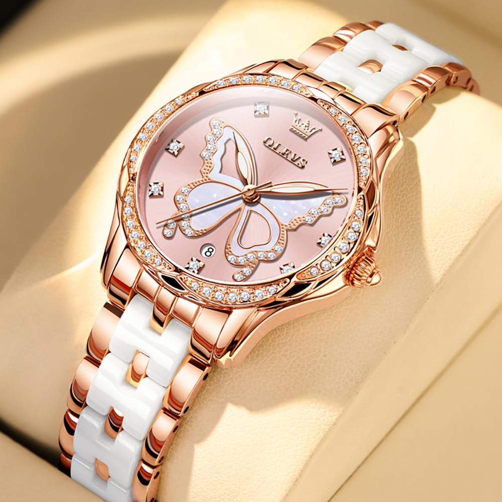 OLEVS Watches for Women Rose Gold Two Tone Fashion White Ceramic Ladies Wrist Watches Pink/Red Dial Stainless Steel Waterproof Date