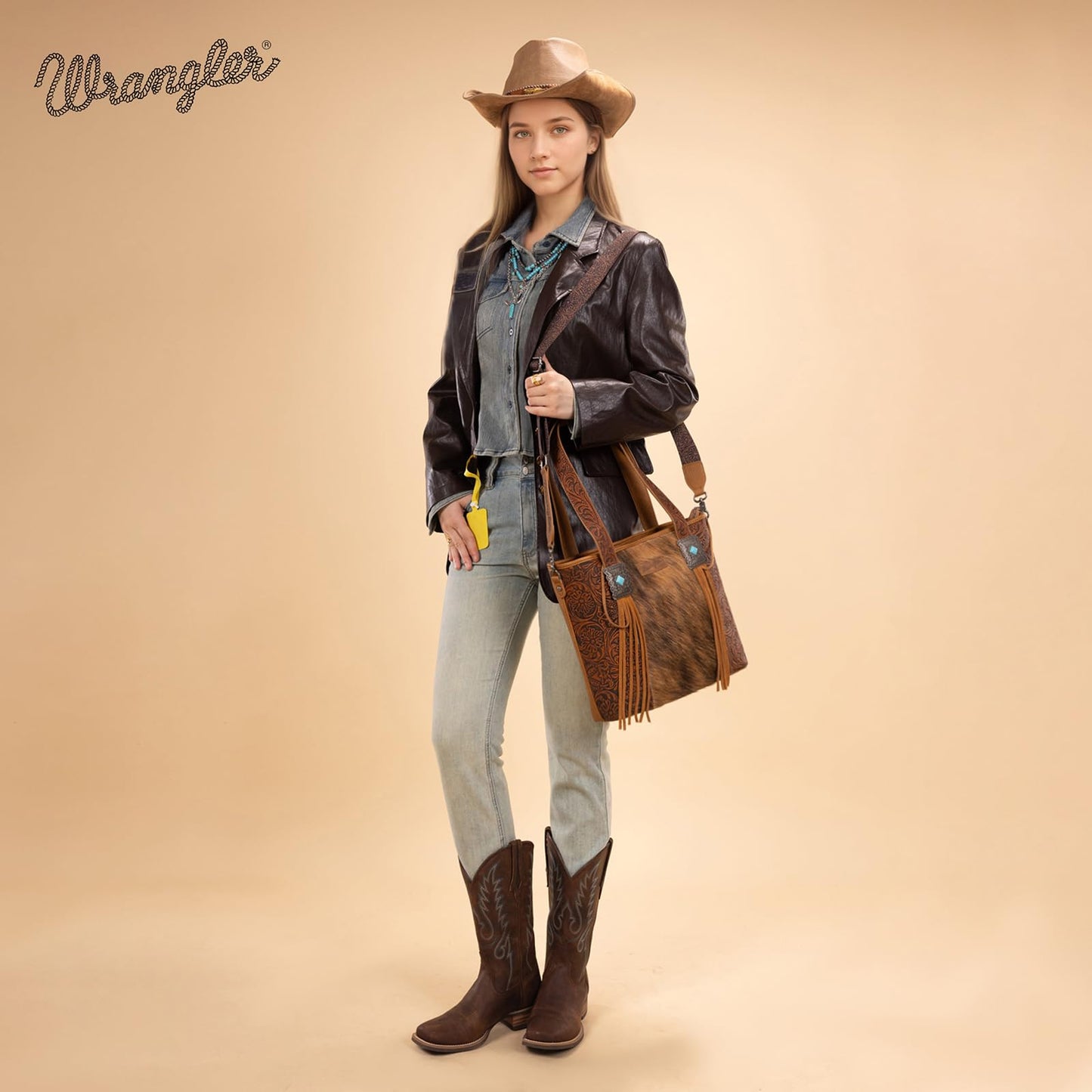 Montana West Wrangler Cowhide Tote Bag for Women Western Tooling Handbag Leather Fringing with Turquoise Stone Concho