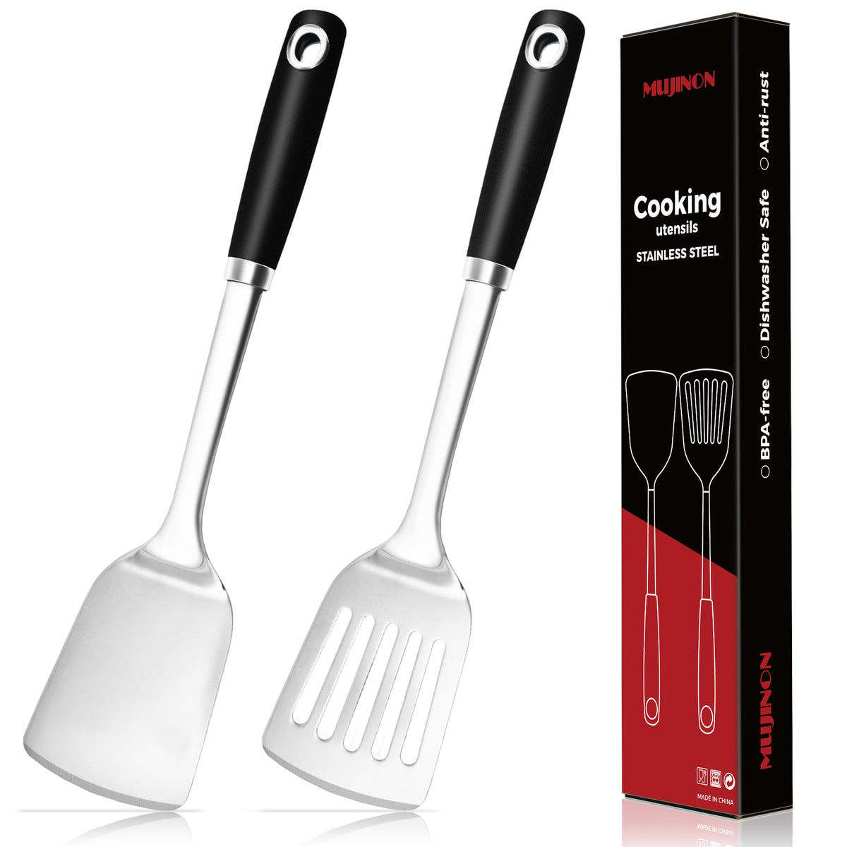 MUJINON Spatula Set, 18/0 Stianless Steel Turner & Slotted Spatula, Kitchen Cooking Utensils Set, Pack of 2