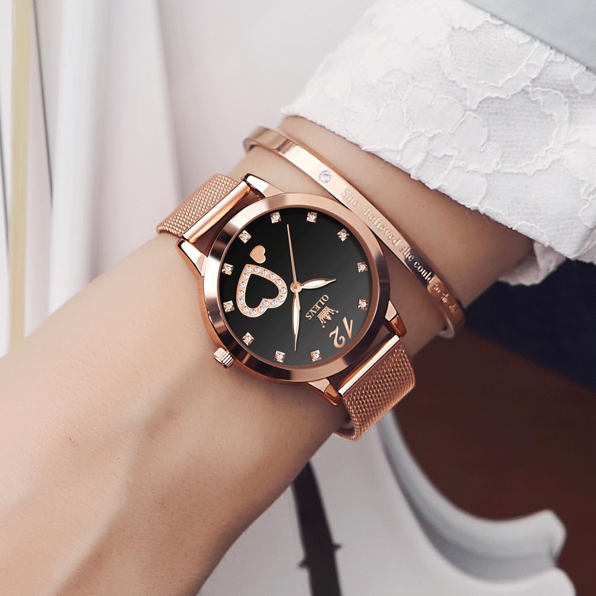 OLEVS Women's Small Wrist Rose Gold Tone Watch - Cute Diamond Heart Arabic Numerals Dial, Fashion Waterproof Mesh Bracelet Analog Dress for Ladies