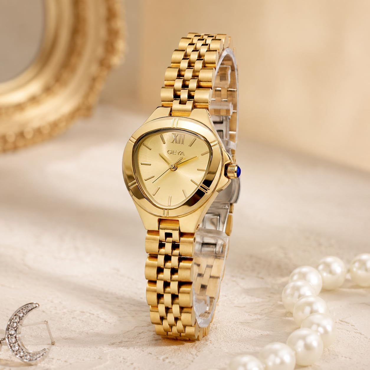 GeYa Vintage Gold Watches for Women Dainty Ladies Quartz Wristwatch,316L Stainless Steel Bracelet for Small Wrist,3ATM Waterproof,Triangle Shape,Birthday Gifts,with Tools,24.5mm
