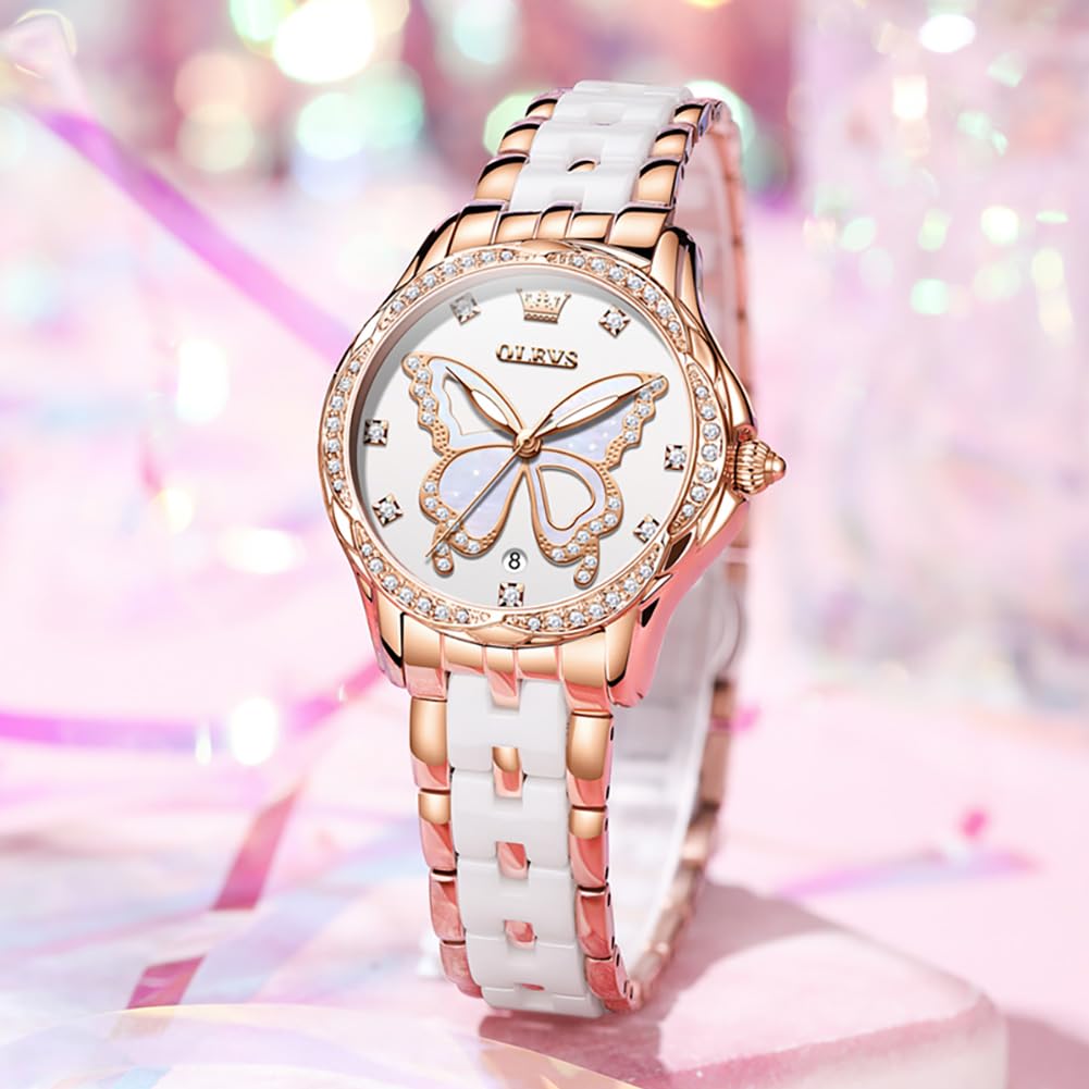 OLEVS Watches for Women Rose Gold Two Tone Fashion White Ceramic Ladies Wrist Watches Pink/Red Dial Stainless Steel Waterproof Date