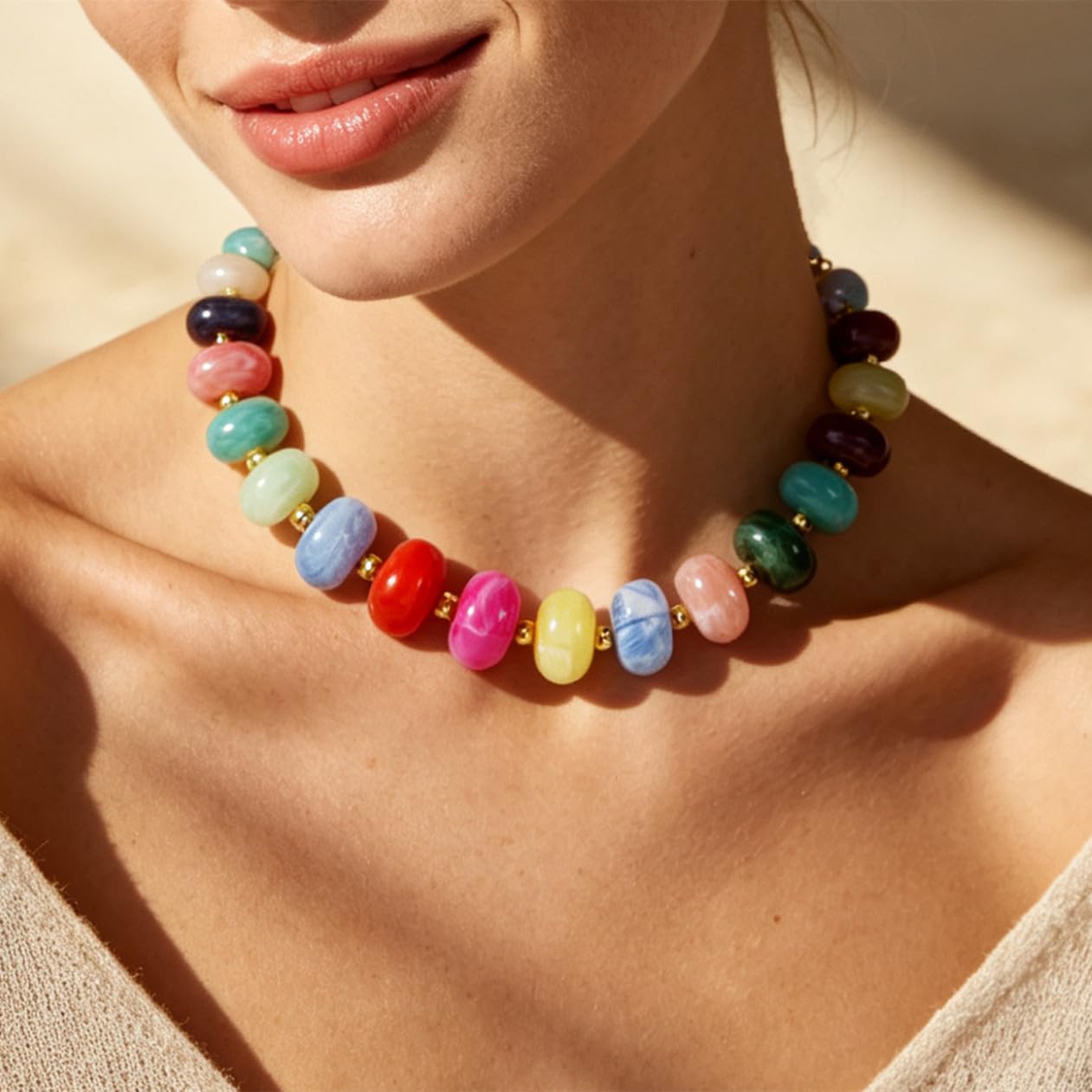 Chunky Beaded Statement Necklace for Women Trendy Colorful Boho Resin Bead Choker Necklaces Summer Handmade Jewelry Gifts Accessories