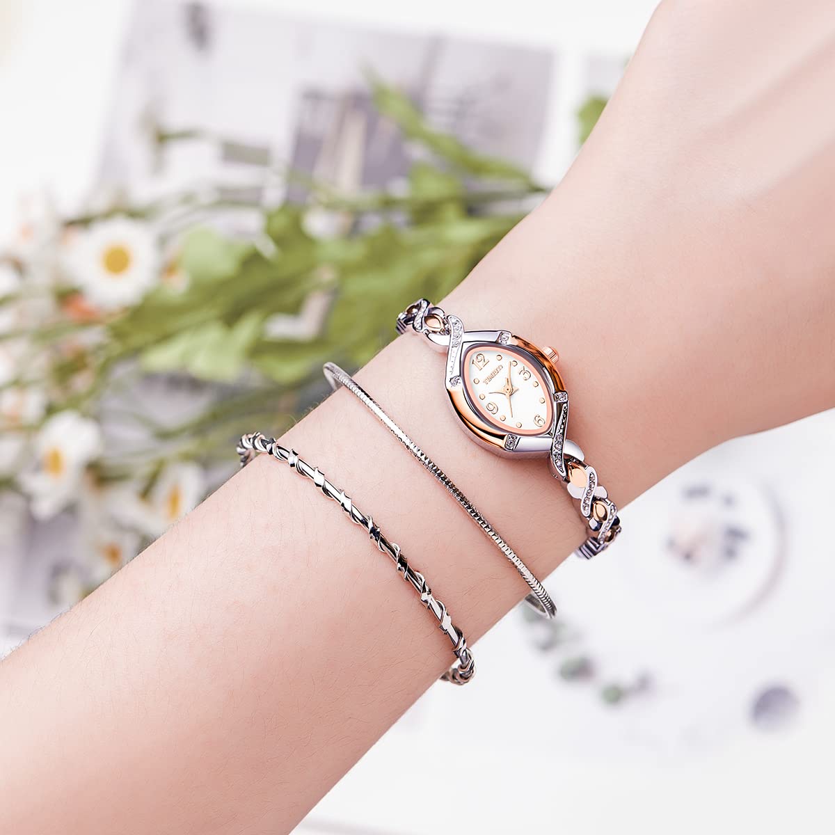 TIME100 Women's Bracelet Watches Ladies Quartz Wrist Watch with Green Dial Bezel with Crystals in Movement Bracelet Strap with Diamonds Waterproof