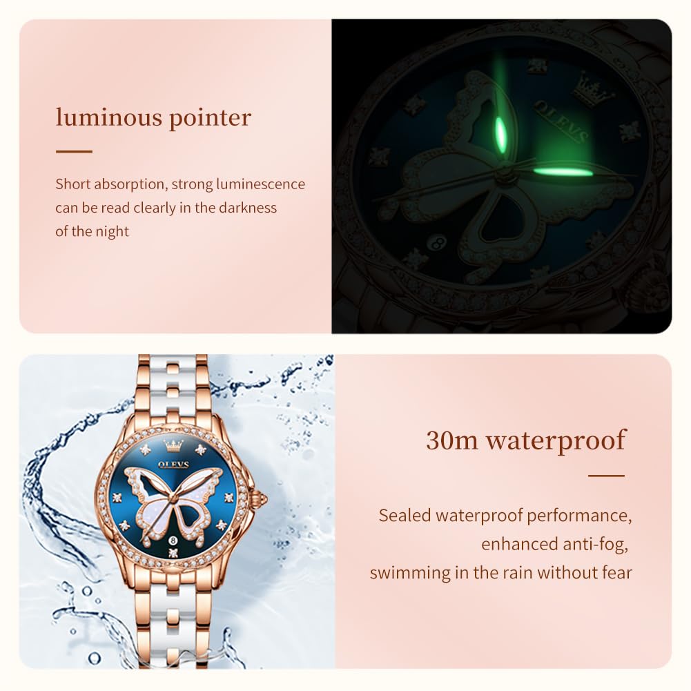 OLEVS Watches for Women Rose Gold Two Tone Fashion White Ceramic Ladies Wrist Watches Pink/Red Dial Stainless Steel Waterproof Date