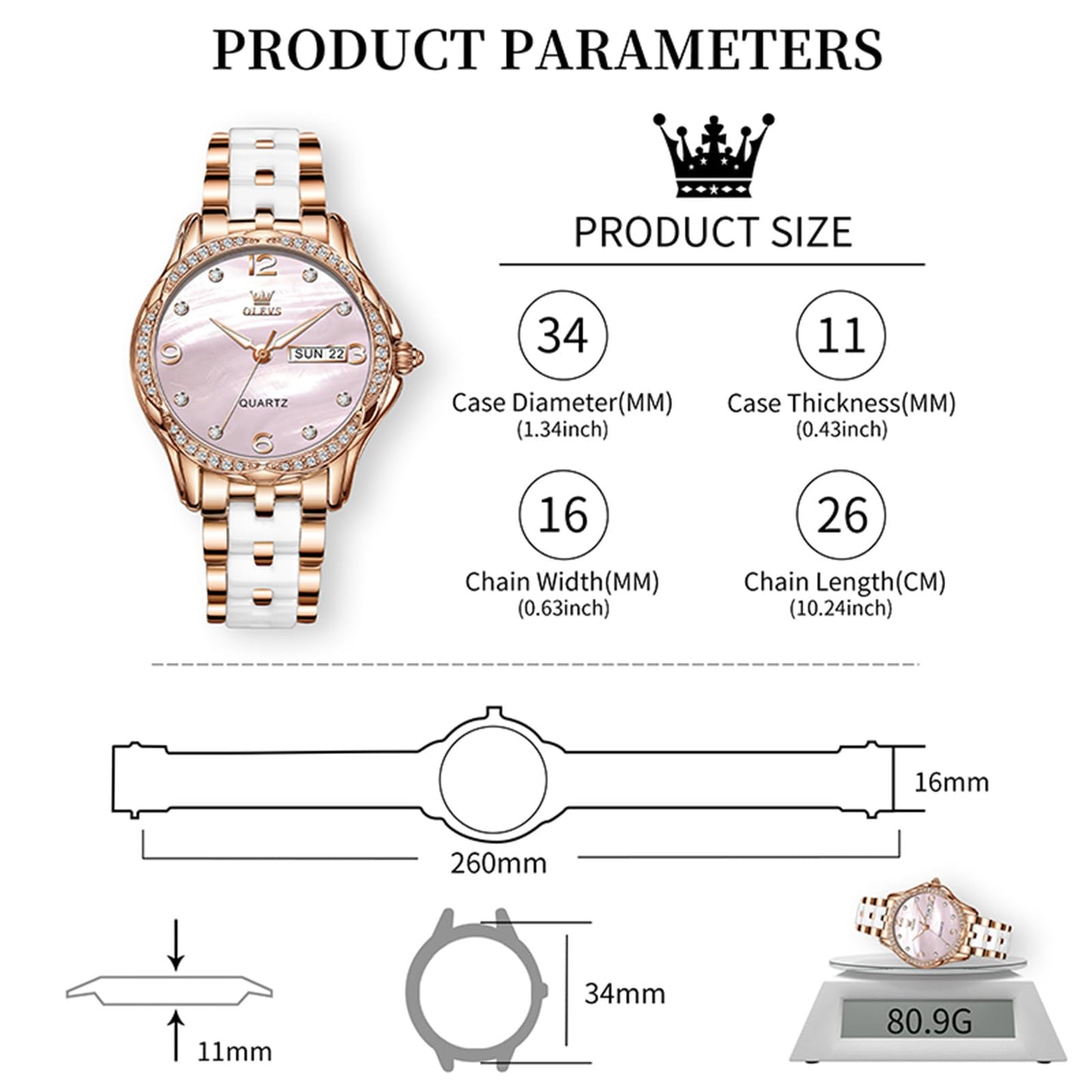 OLEVS Women's Watch Ceramic Band Waterproof Dress Watch Analog Quartz Watches Elegant Luxury Comfortable Wrist Watches with Date Day & Diamond White/Pink/Black Dial Gift for Her Reloj para Mujer