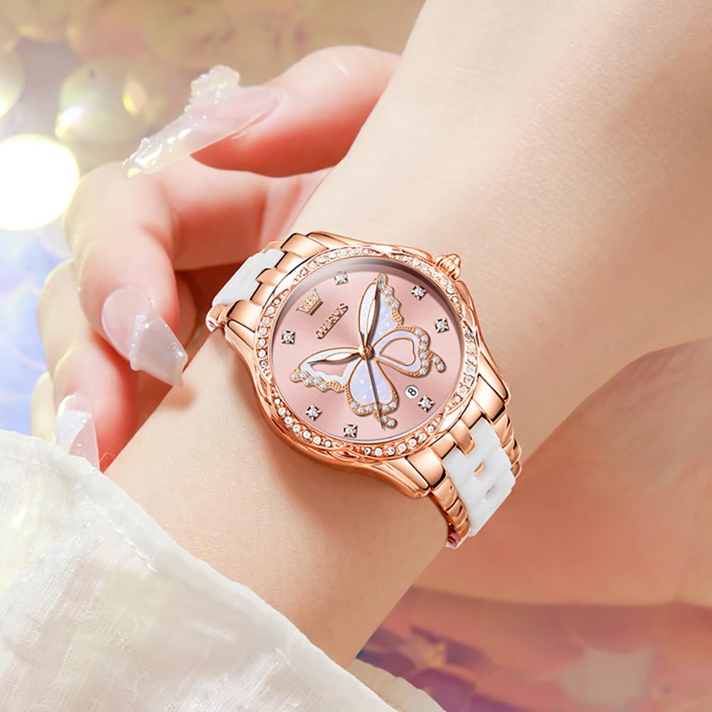 OLEVS Watches for Women Rose Gold Two Tone Fashion White Ceramic Ladies Wrist Watches Pink/Red Dial Stainless Steel Waterproof Date
