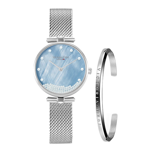 VICTORIA HYDE Women's Watch Sets Silver Ladies Watch with Mother of Pearl Dial Wrist Watch Bangle Set