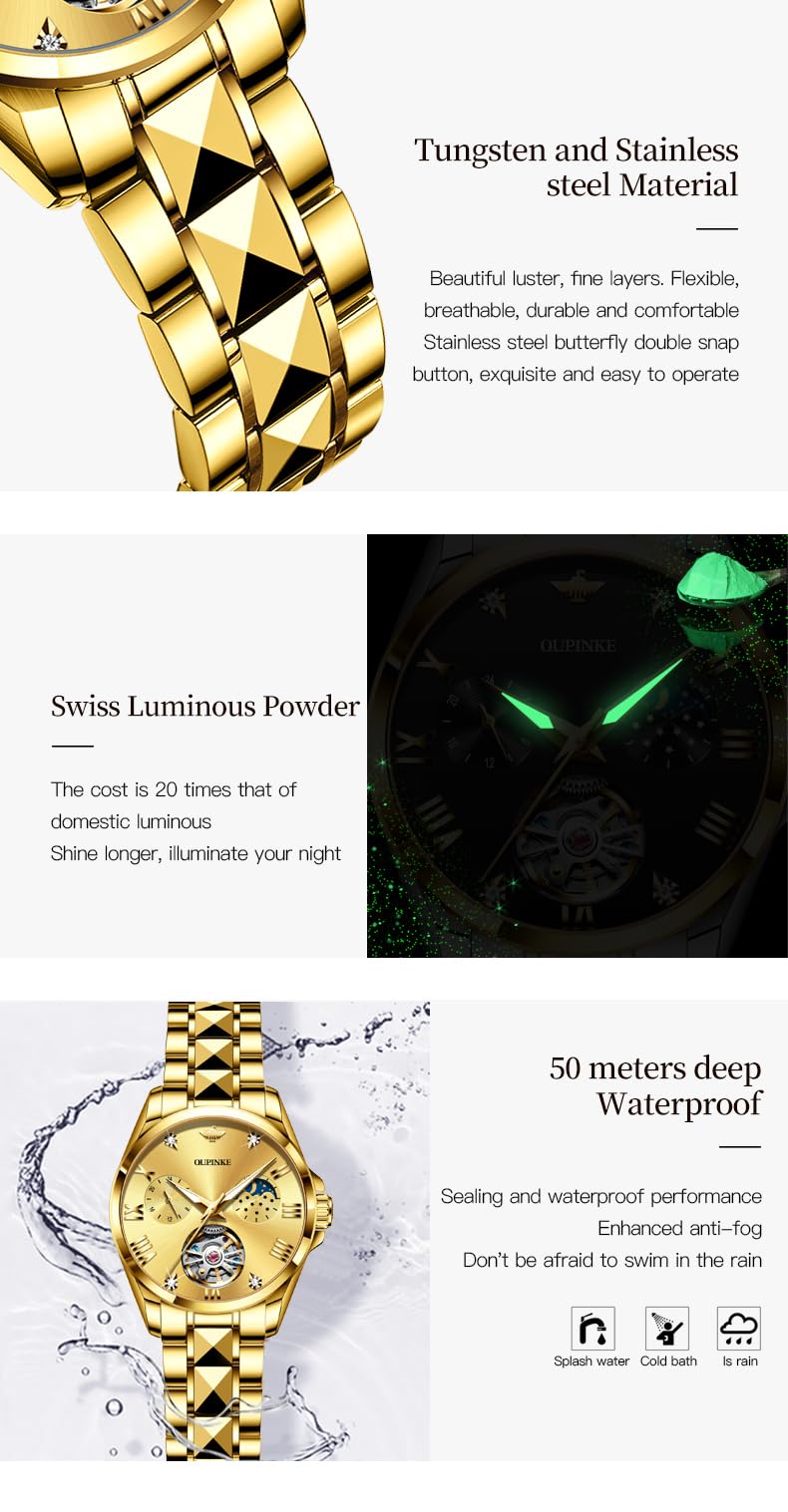 OUPINKE Women Automatic Watches Luxury Diamond Flywheel Two-Tone Stainless Tungsten Steel Band Moon Phase 24 Hours