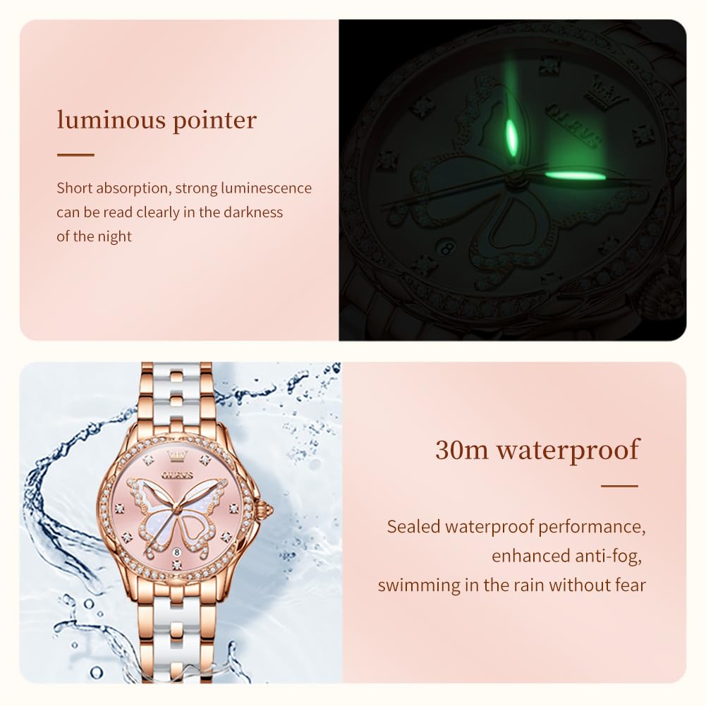 OLEVS Watches for Women Rose Gold Two Tone Fashion White Ceramic Ladies Wrist Watches Pink/Red Dial Stainless Steel Waterproof Date