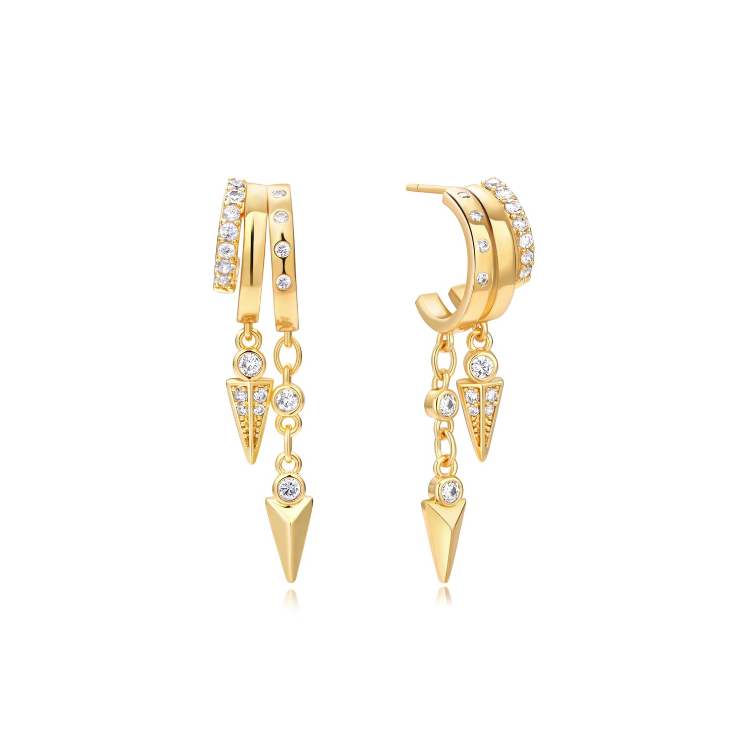 Gold Dangle Earrings for Women, 14k Gold Plated Stacked Triple Hoop Illusion Earrings Cubic Zirconia Huggie Earrings for Women Trendy
