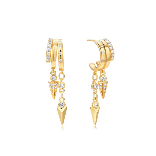 Gold Dangle Earrings for Women, 14k Gold Plated Stacked Triple Hoop Illusion Earrings Cubic Zirconia Huggie Earrings for Women Trendy