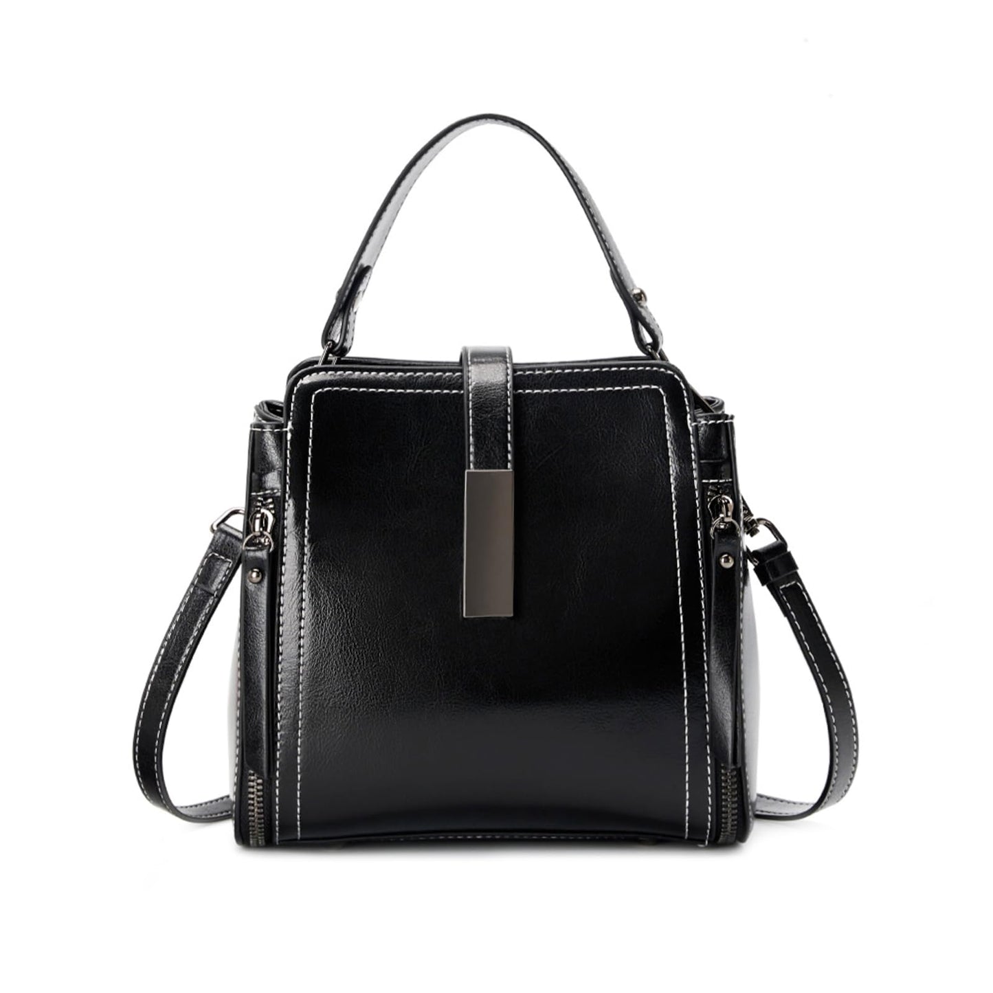 Genuine Leather Bucket Crossbody Shoulder Purse for Women | Scratch-Resistant Cowhide, 5 Pockets, Magnetic Snap, Silver Hardware, 3-Way Carry, Lightweight, Ideal Gift