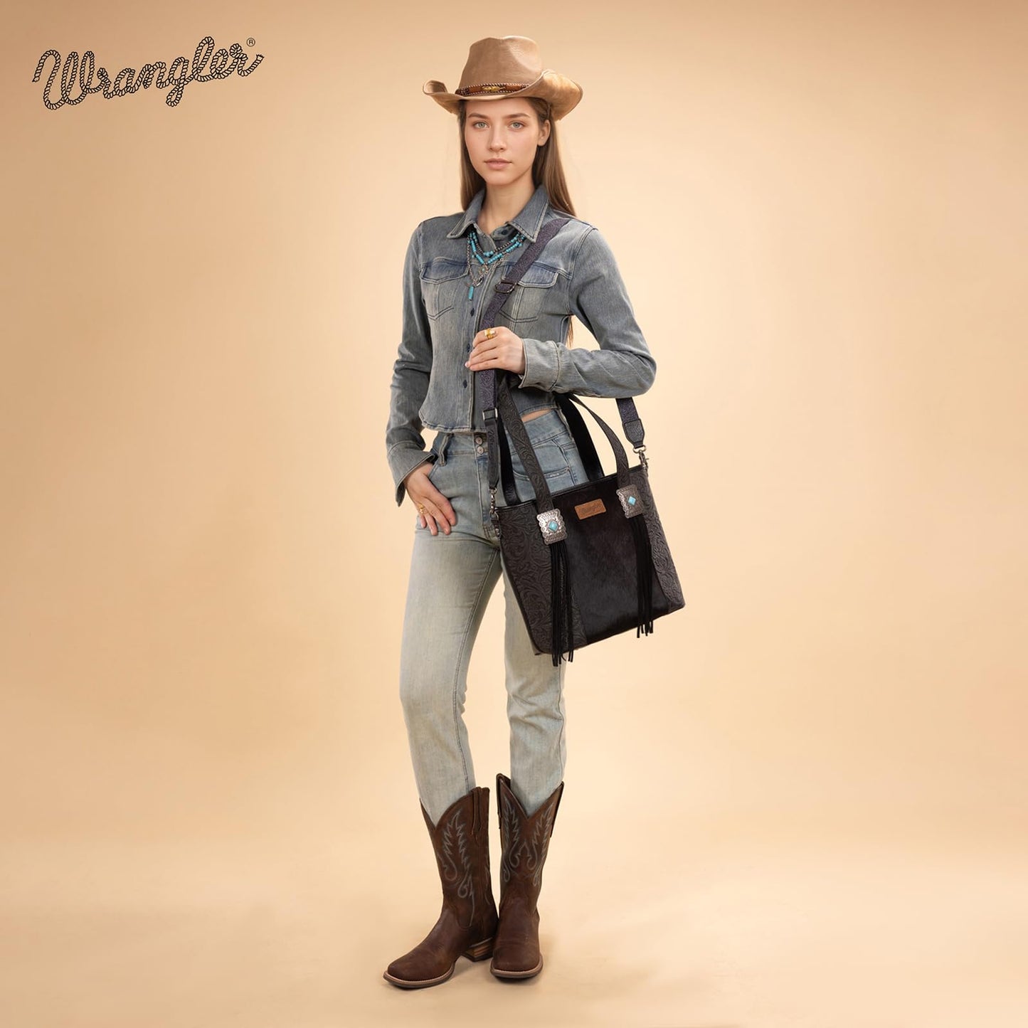 Montana West Wrangler Cowhide Tote Bag for Women Western Tooling Handbag Leather Fringing with Turquoise Stone Concho
