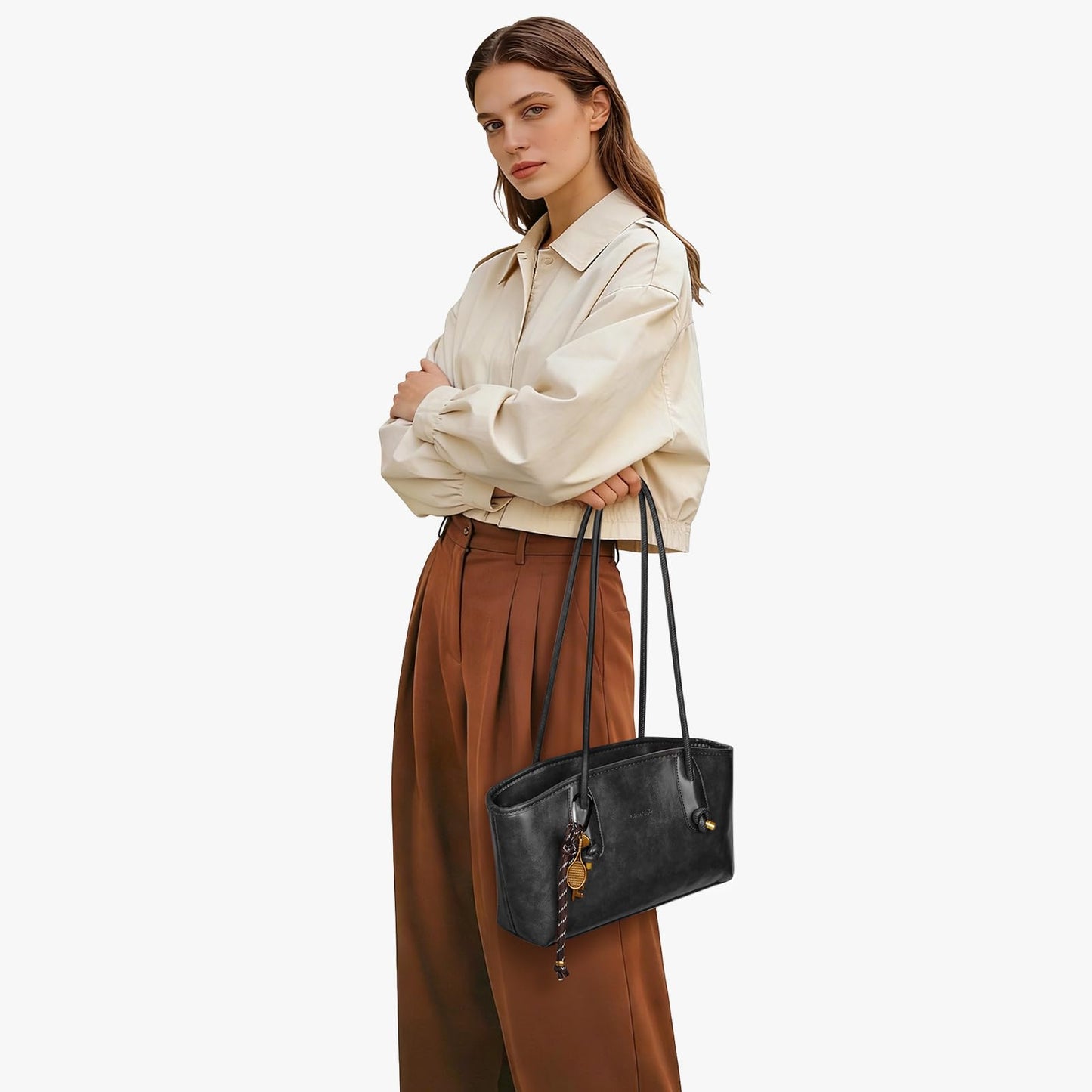 Shoulder Bag for Women Brown Purse Vintage Leather Shoulder Handbag Trendy Everyday Purse with Pendant