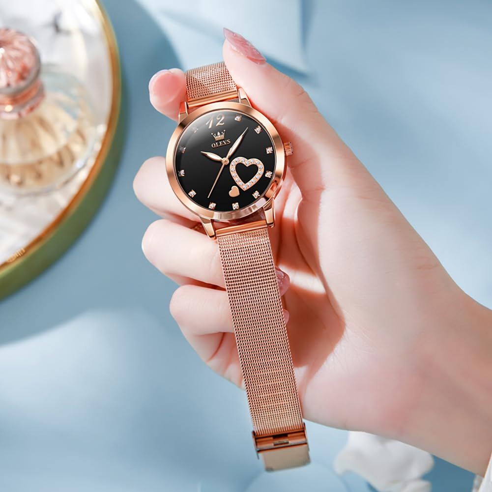 OLEVS Women's Watch Luxury Dress Rose Gold Women Slim Thin Lightweight Watch Stainless Steel Mesh Watches Fashion Waterproof Ladies Wrist Watch Black White Blue Face,Adjustable Bracelet