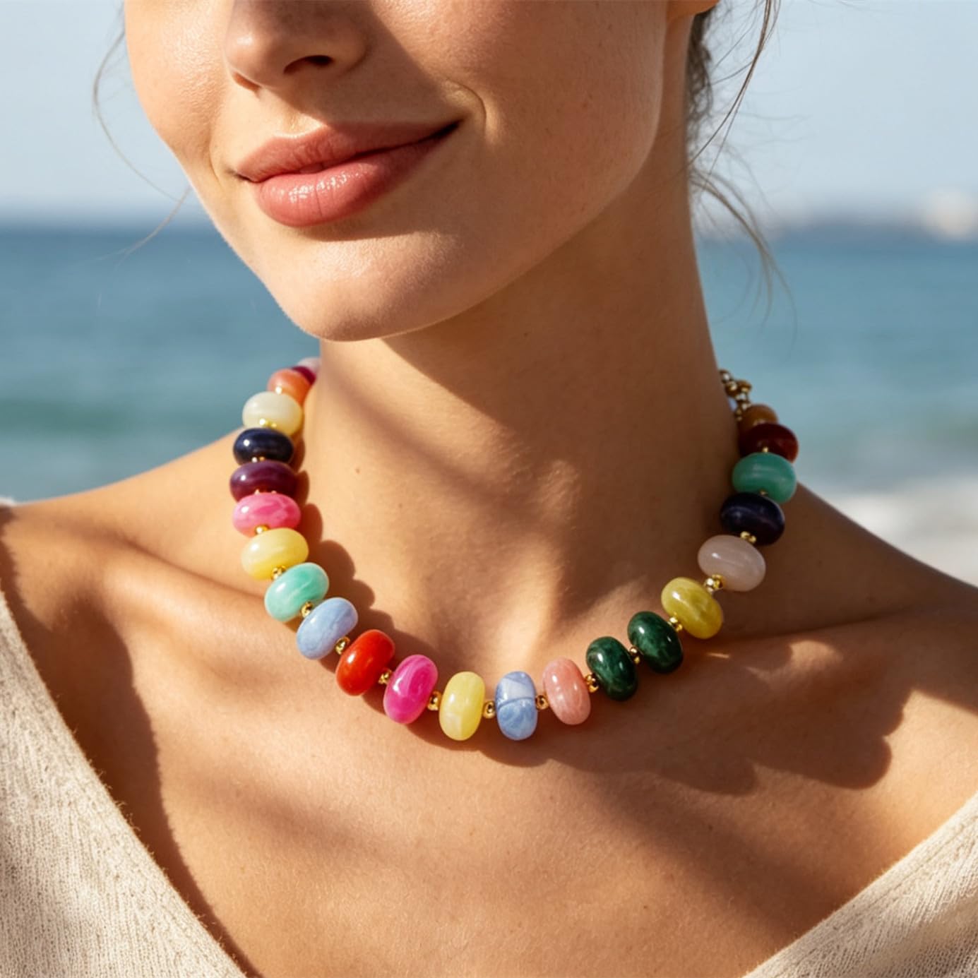 Chunky Beaded Statement Necklace for Women Trendy Colorful Boho Resin Bead Choker Necklaces Summer Handmade Jewelry Gifts Accessories