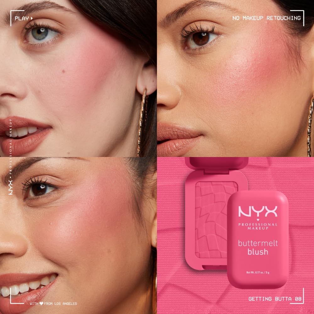 NYX PROFESSIONAL MAKEUP Buttermelt Powder Blush, Fade and Transfer-Resistant Blush, Up to 12HR Make Up Wear, Vegan Formula - For The Butta