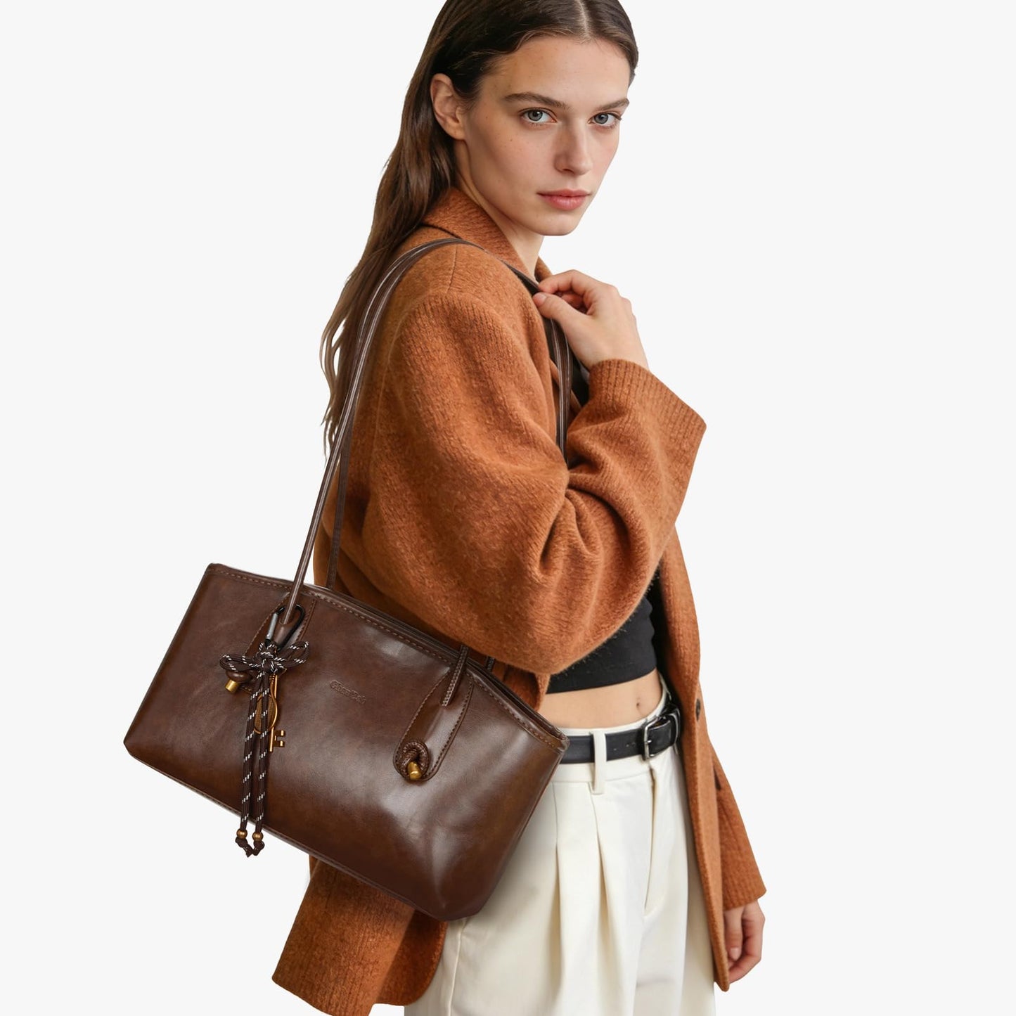 Shoulder Bag for Women Brown Purse Vintage Leather Shoulder Handbag Trendy Everyday Purse with Pendant