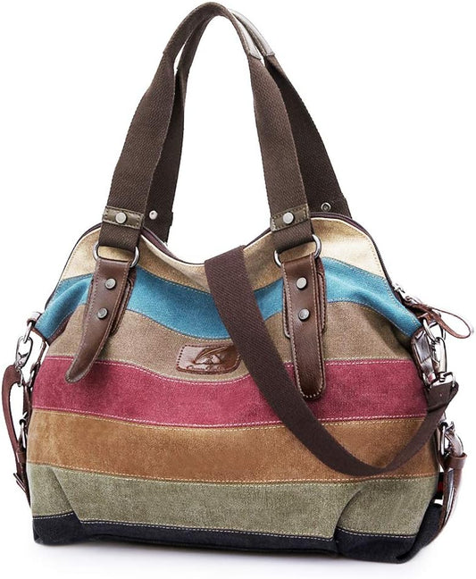 Canvas Handbag Multi-Color Striped Lattice Cross Body Shoulder Purse Bag Tote-Handbag for Women | Striped