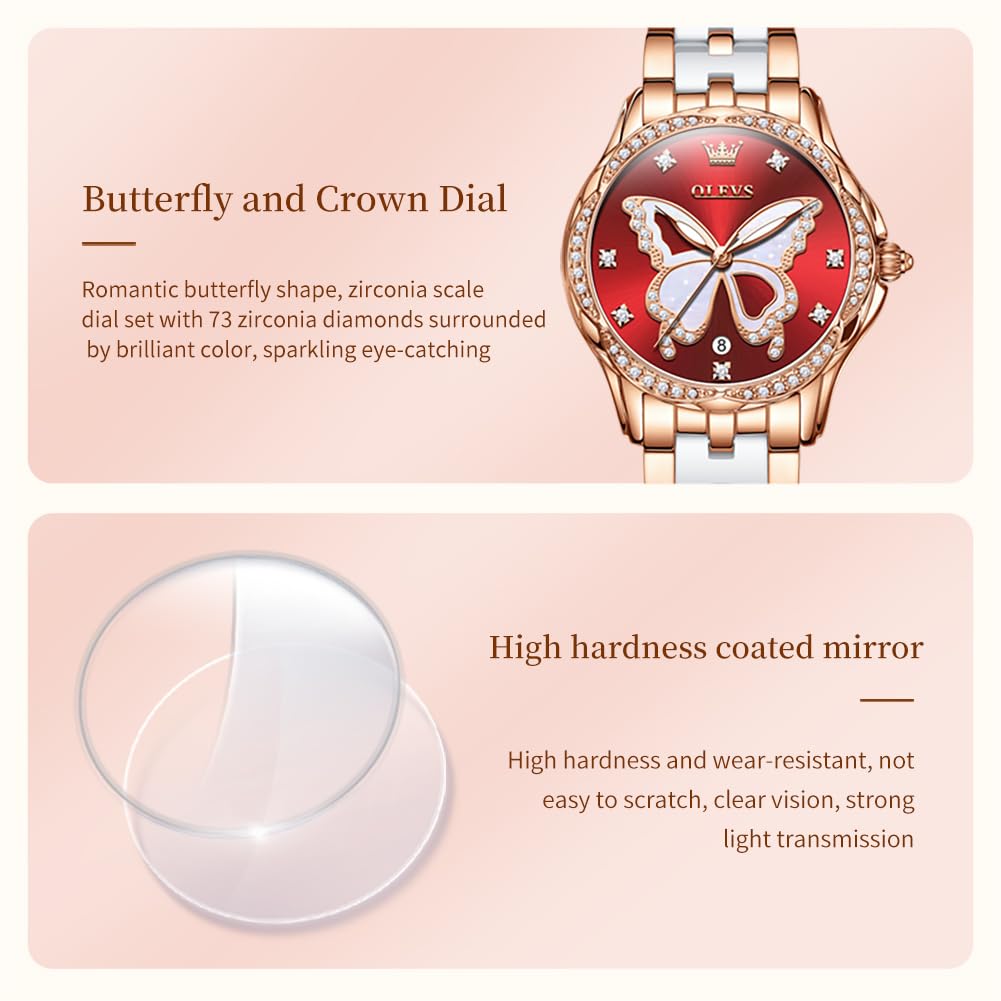 OLEVS Watches for Women Rose Gold Two Tone Fashion White Ceramic Ladies Wrist Watches Pink/Red Dial Stainless Steel Waterproof Date
