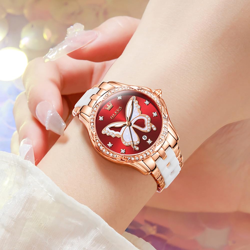 OLEVS Watches for Women Rose Gold Two Tone Fashion White Ceramic Ladies Wrist Watches Pink/Red Dial Stainless Steel Waterproof Date