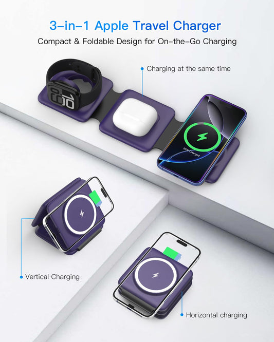 Charging Station for Apple Multiple Devices - 3 in 1 Foldable Magnetic Wireless Charger Dock - Travel Charging Pad for iPhone 17 16 15 14 13 12 Pro Max Plus Watch & Airpods (Clearance)