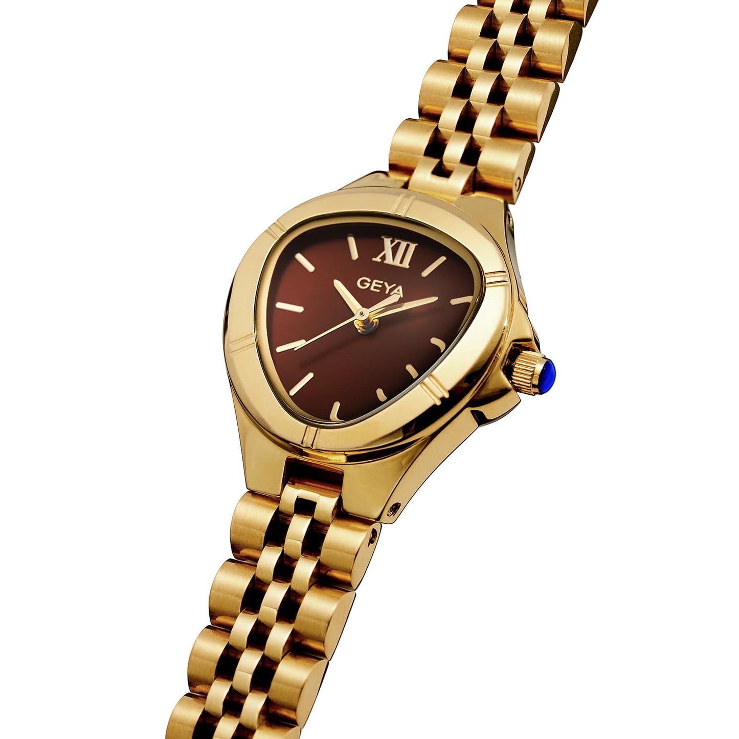 GeYa Vintage Gold Watches for Women Dainty Ladies Quartz Wristwatch,316L Stainless Steel Bracelet for Small Wrist,3ATM Waterproof,Triangle Shape,Birthday Gifts,with Tools,24.5mm