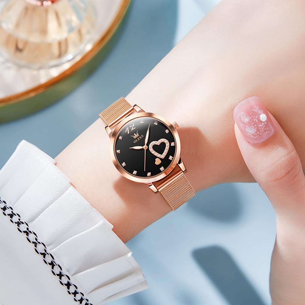 OLEVS Women's Watch Luxury Dress Rose Gold Women Slim Thin Lightweight Watch Stainless Steel Mesh Watches Fashion Waterproof Ladies Wrist Watch Black White Blue Face,Adjustable Bracelet