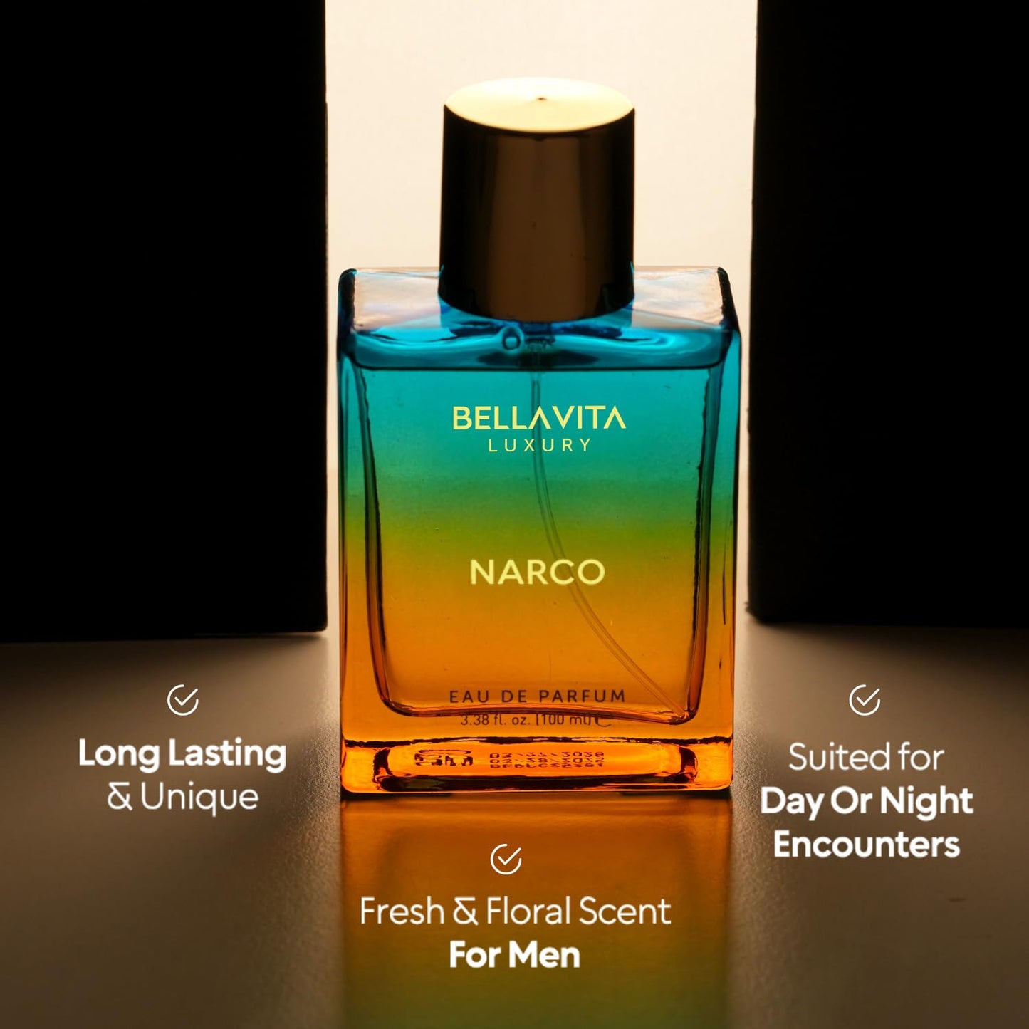 Bellavita Luxury Narco Eau de Parfum | 100 ml (3.4 fl.oz.) | Perfume for Men and Women | Floral, Bergamot, Jasmine, and White Musk Notes | Long Lasting Unisex Fragrance