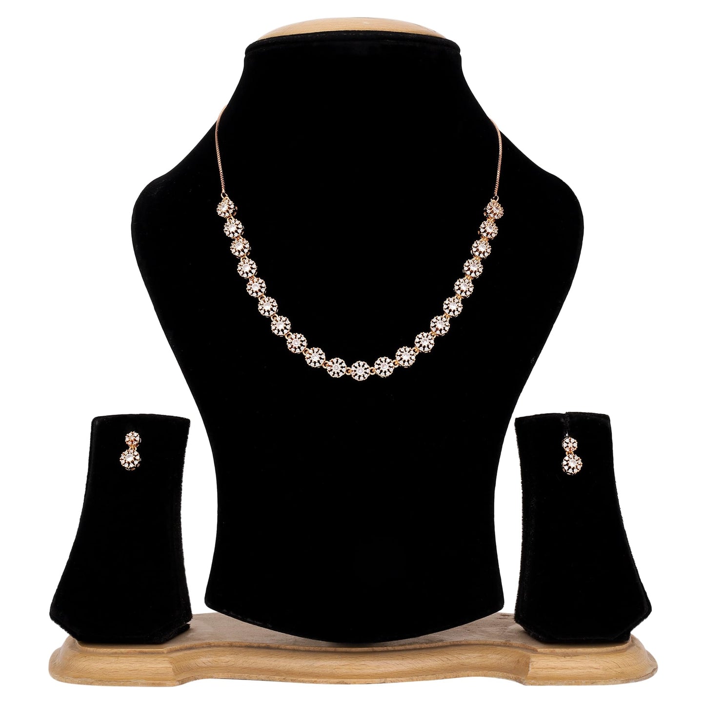 Nilu's Collection American Diamond Stone Studded | Rose Gold/Silver Plated | Anti Tarnish Jewellery Set for Women | Matching Earrings Perfect for Weddings and Special Occasions