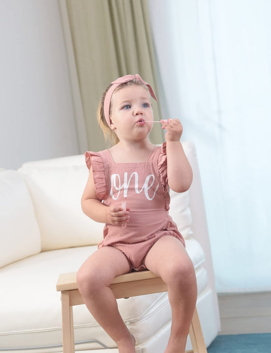 Shalofer 1st Birthday Outfit Girl Baby First Birthday Clothes Cute Backless Ruffles Bodysuit with Headband (Pink,12-18 Months)