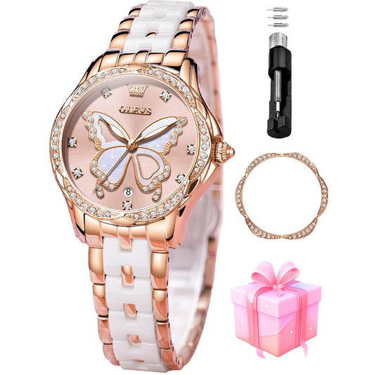 OLEVS Watches for Women Rose Gold Two Tone Fashion White Ceramic Ladies Wrist Watches Pink/Red Dial Stainless Steel Waterproof Date