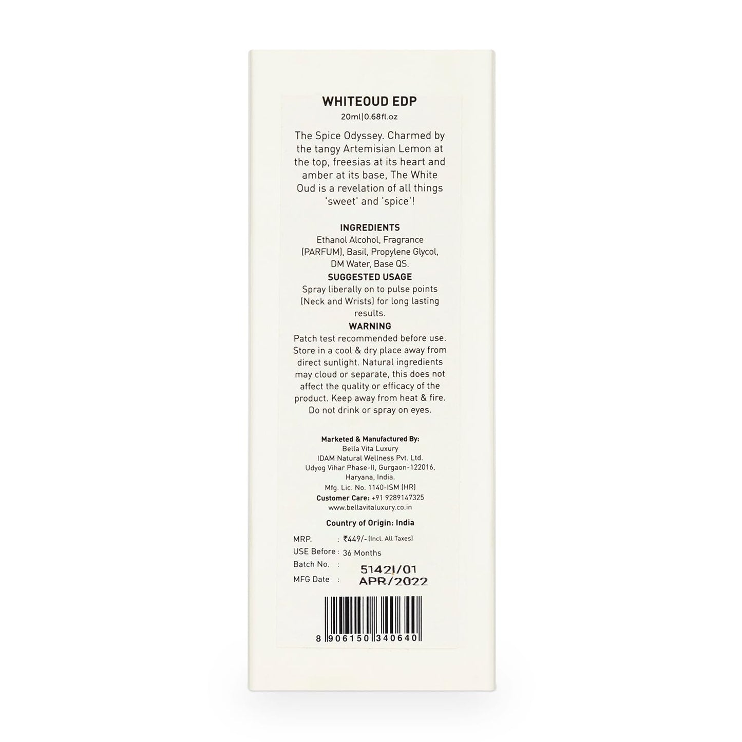Bellavita Luxury WHITE OUD Eau de Parfum | 20 ml (0.7 fl.oz.) | Travel Size Perfume for Men and Women | Fruity, Artemisia Lemon, Freesia, and Tobacco Notes | Long Lasting Unisex Fragrance
