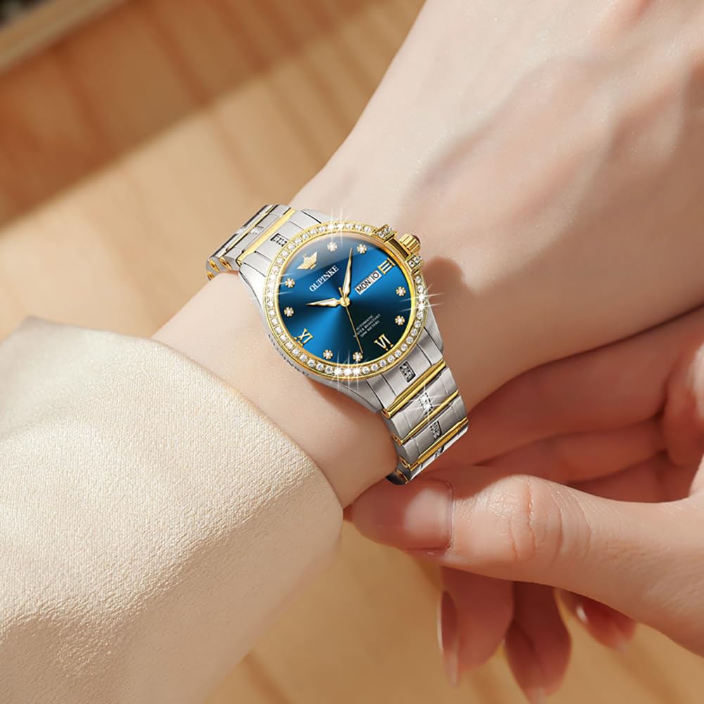 OUPINKE Women Automatic Watches Luxury Diamond Flywheel Two-Tone Stainless Tungsten Steel Band Moon Phase 24 Hours