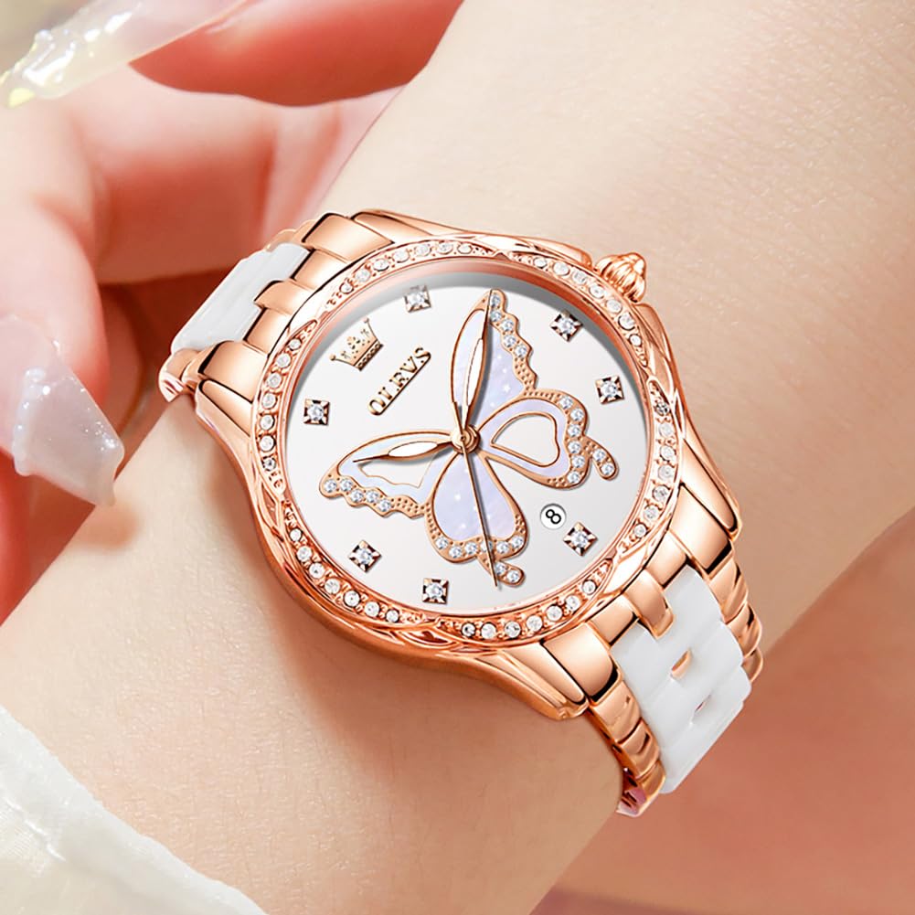 OLEVS Watches for Women Rose Gold Two Tone Fashion White Ceramic Ladies Wrist Watches Pink/Red Dial Stainless Steel Waterproof Date