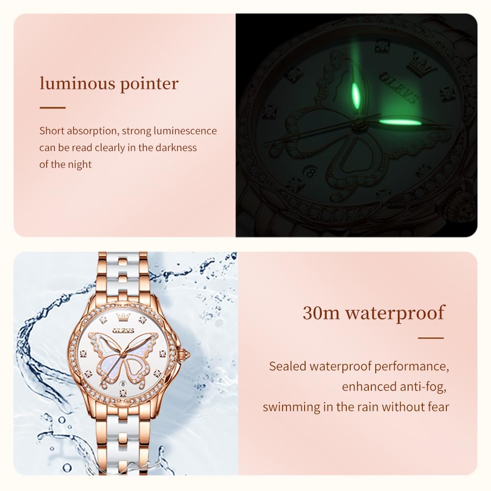 OLEVS Watches for Women Rose Gold Two Tone Fashion White Ceramic Ladies Wrist Watches Pink/Red Dial Stainless Steel Waterproof Date
