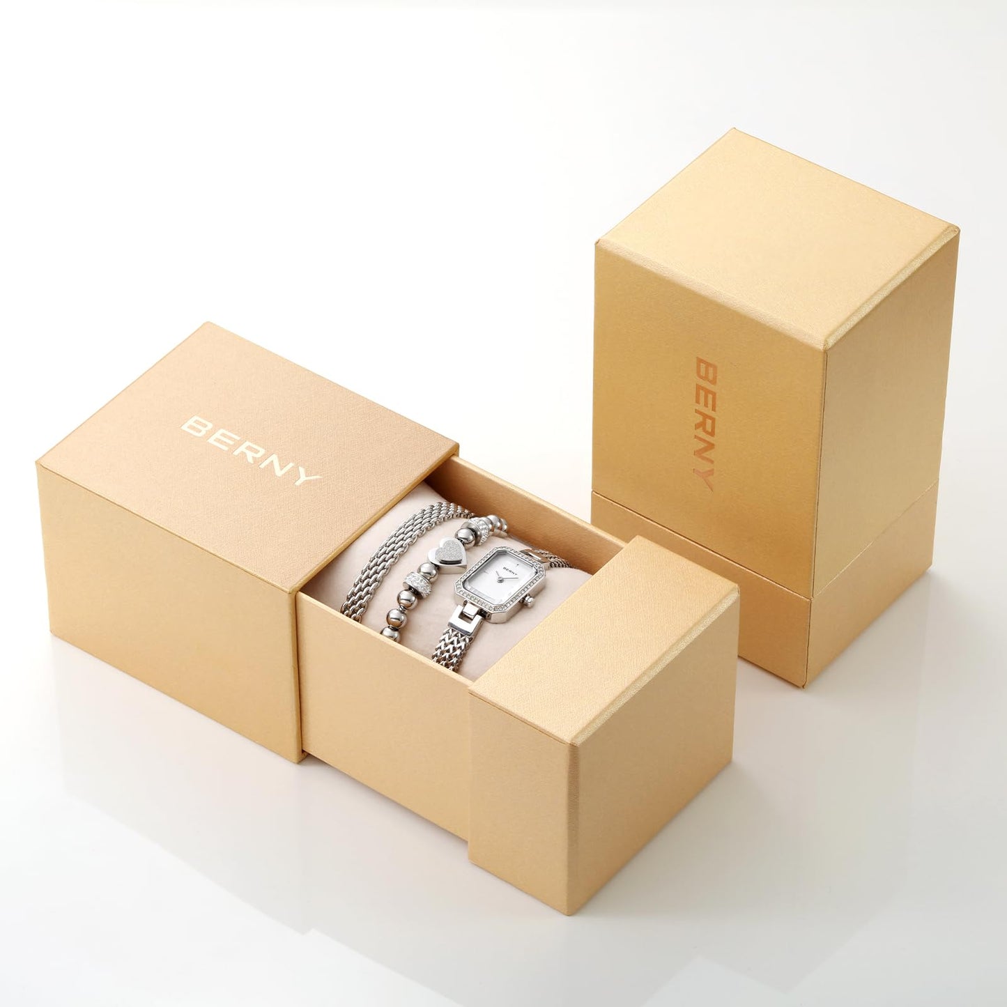 BERNY Silver Watches for Women Ladies Wrist Watch and Bracelet Set Dainty Quartz Bracelet Watch Premium Crystal Accented Fashion Luxury Birthday Present for Women