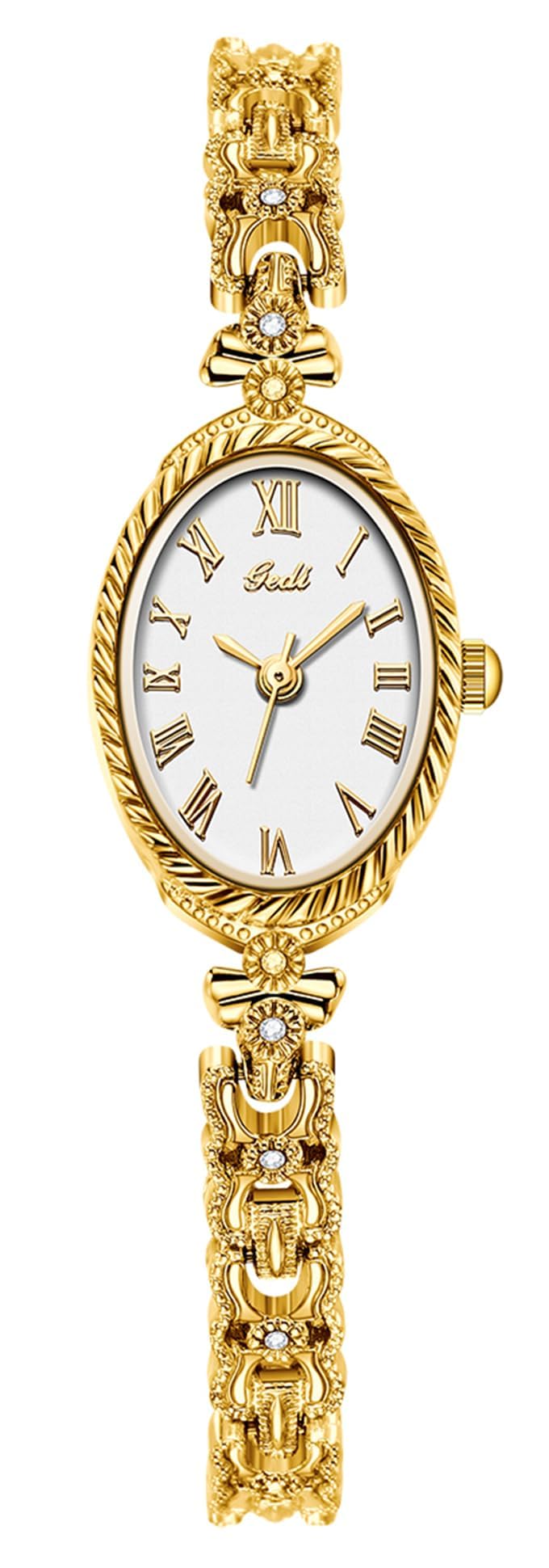 Gosasa Small Gold Watches for Women Vintage Dainty Oval Roman Numeral Dial Analog Slim Bracelet Alloy Band Water Resistant Dress Wrist Watch Elegant Gift