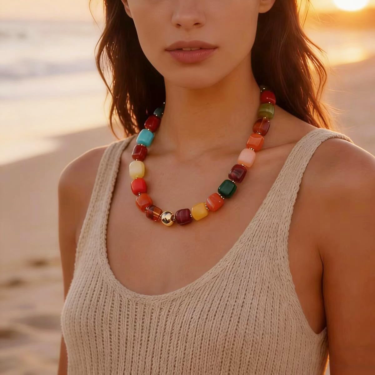 Chunky Beaded Statement Necklace for Women Trendy Colorful Boho Resin Bead Choker Necklaces Summer Handmade Jewelry Gifts Accessories