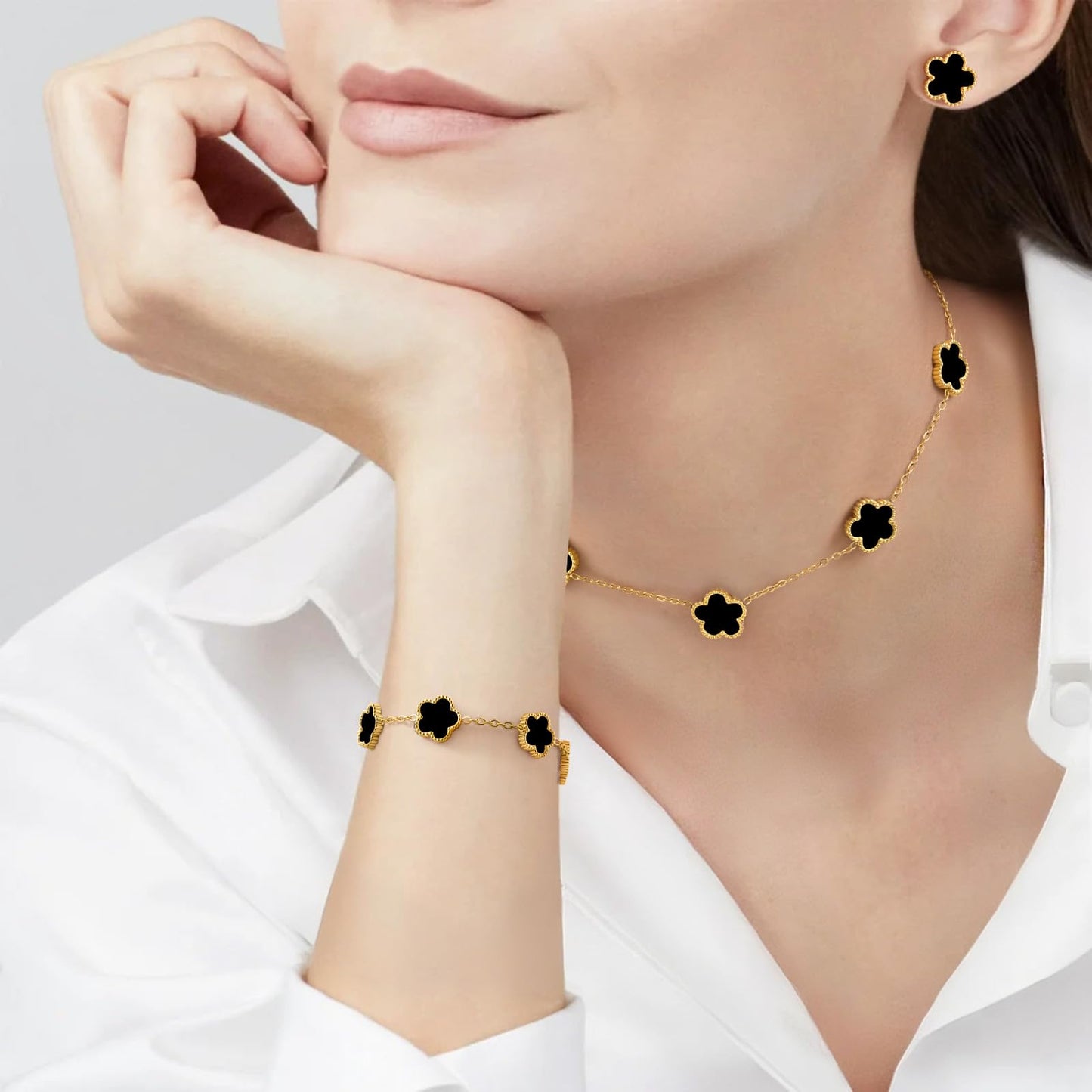 Gold Necklaces Bracelets Earring Set - 18K Gold Plated Flower Bracelet Chain,Stainless Steel Non Tarnish Floral Pendant Stud Jewelry Sets,Christmas Birthday Lucky Gift for Mom Wife Daughter Girlfriend