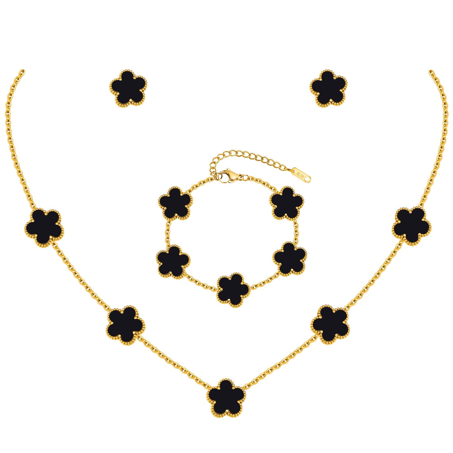 Gold Necklaces Bracelets Earring Set - 18K Gold Plated Flower Bracelet Chain,Stainless Steel Non Tarnish Floral Pendant Stud Jewelry Sets,Christmas Birthday Lucky Gift for Mom Wife Daughter Girlfriend