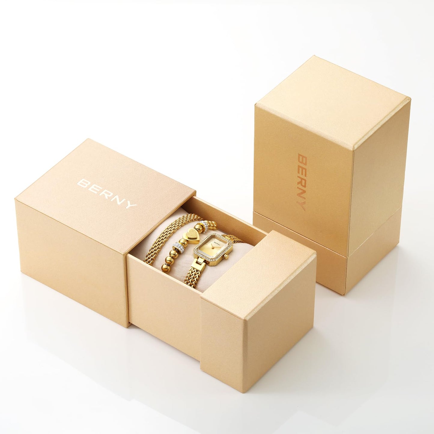 BERNY Silver Watches for Women Ladies Wrist Watch and Bracelet Set Dainty Quartz Bracelet Watch Premium Crystal Accented Fashion Luxury Birthday Present for Women