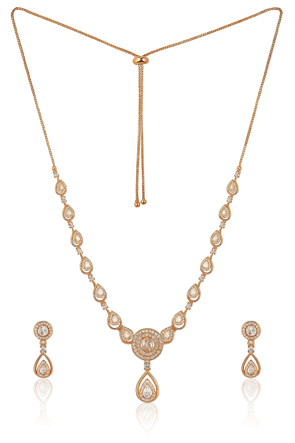 Nilu's Collection American Diamond Stone Studded | Rose Gold/Silver Plated | Anti Tarnish Jewellery Set for Women | Matching Earrings Perfect for Weddings and Special Occasions
