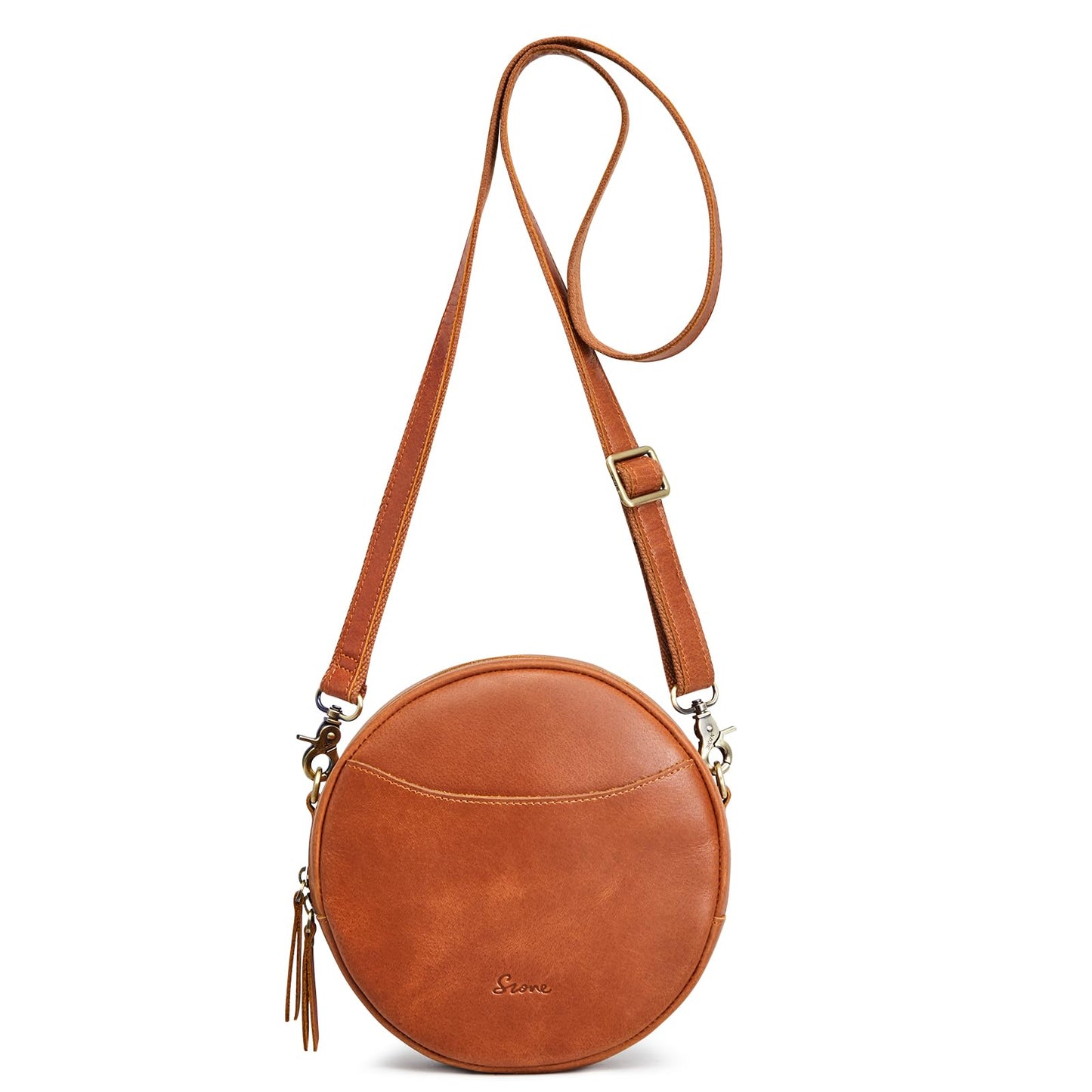 S-ZONE Leather Crossbody Bags for Women Circle Shoulder Round Purse Travel | Top Grain Leather, Keychain, Designer Handbag, Vintage, Multi Pockets, Detachable Strap, Eveyday Outing