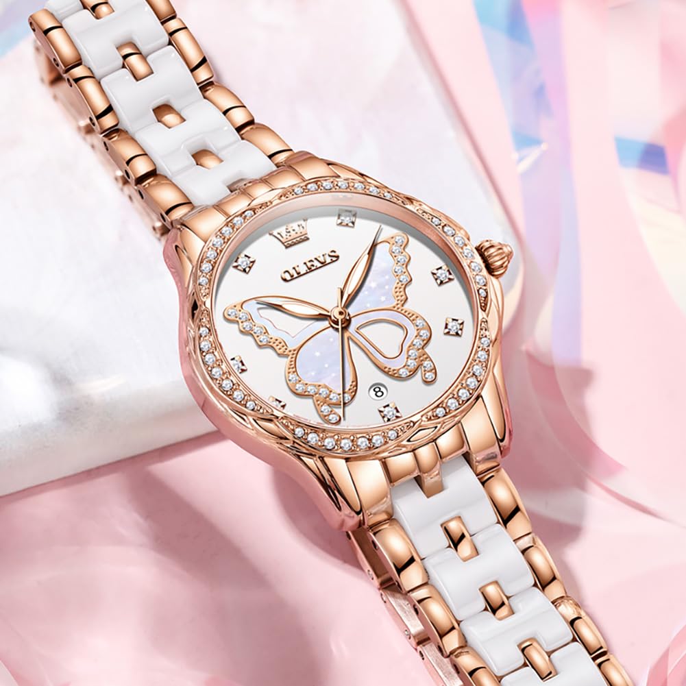 OLEVS Watches for Women Rose Gold Two Tone Fashion White Ceramic Ladies Wrist Watches Pink/Red Dial Stainless Steel Waterproof Date
