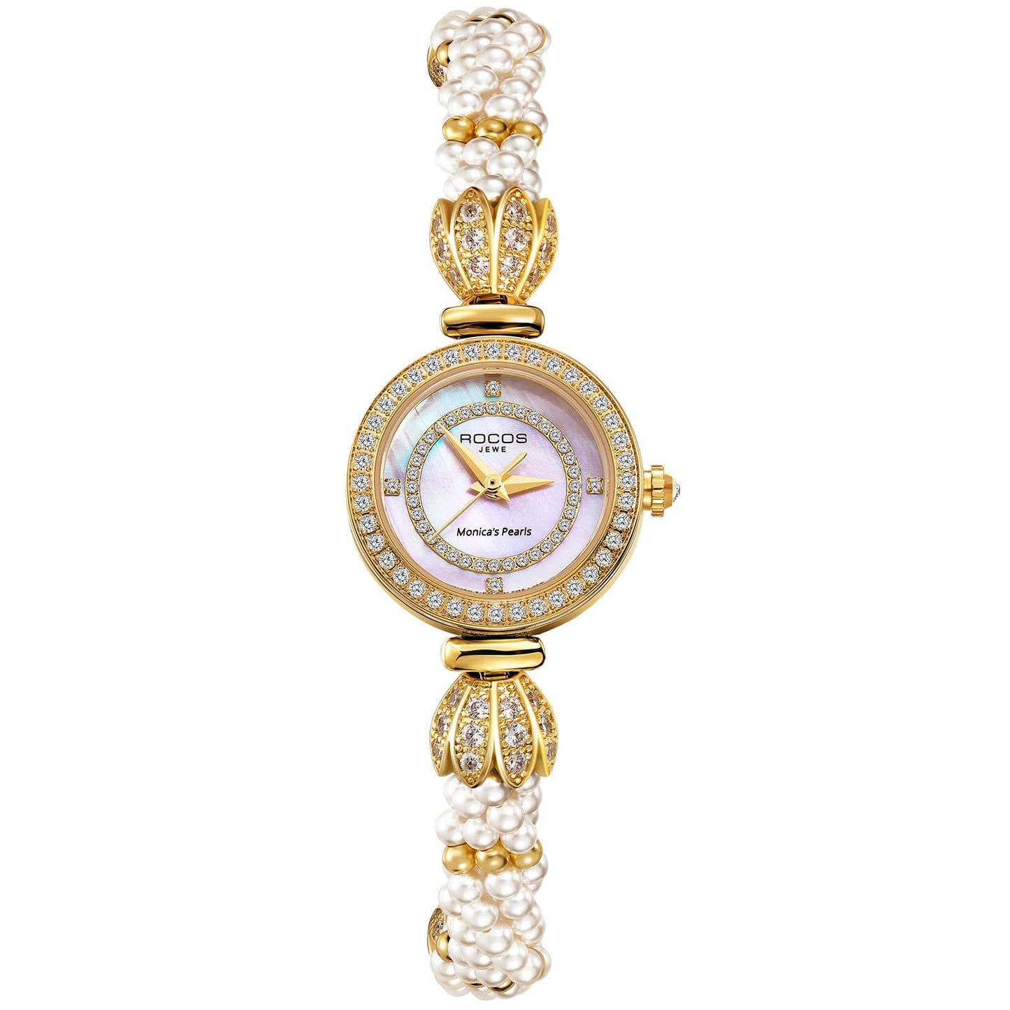 ROCOSJEWE R0262 Bracelet Watches for Women,Fashion Gold Dress Watch,Women's Pearl Bracelet Watch,Dazzling/Pink Dial,Adjustable Stainless Strap,Waterproof,Gift for Women