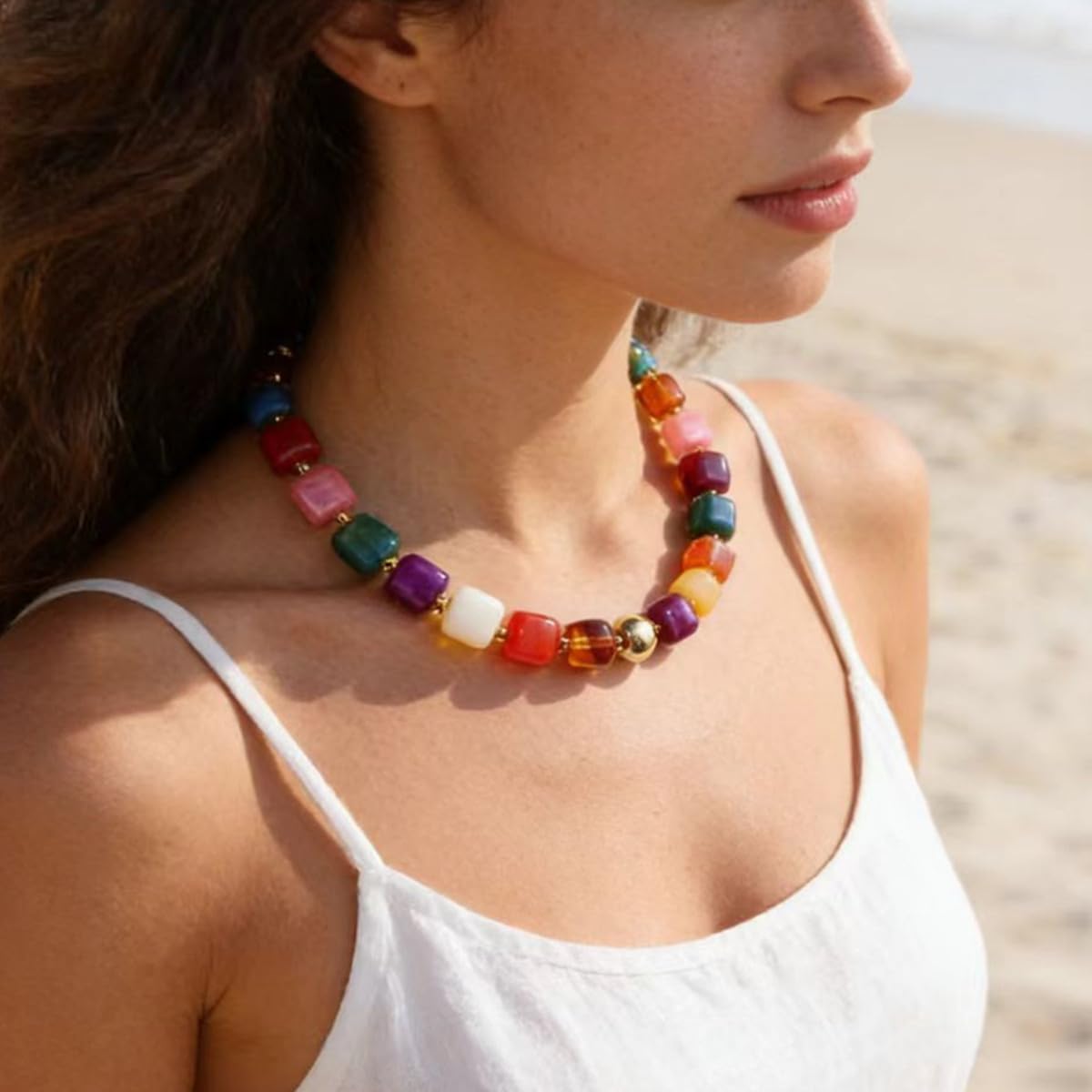 Chunky Beaded Statement Necklace for Women Trendy Colorful Boho Resin Bead Choker Necklaces Summer Handmade Jewelry Gifts Accessories