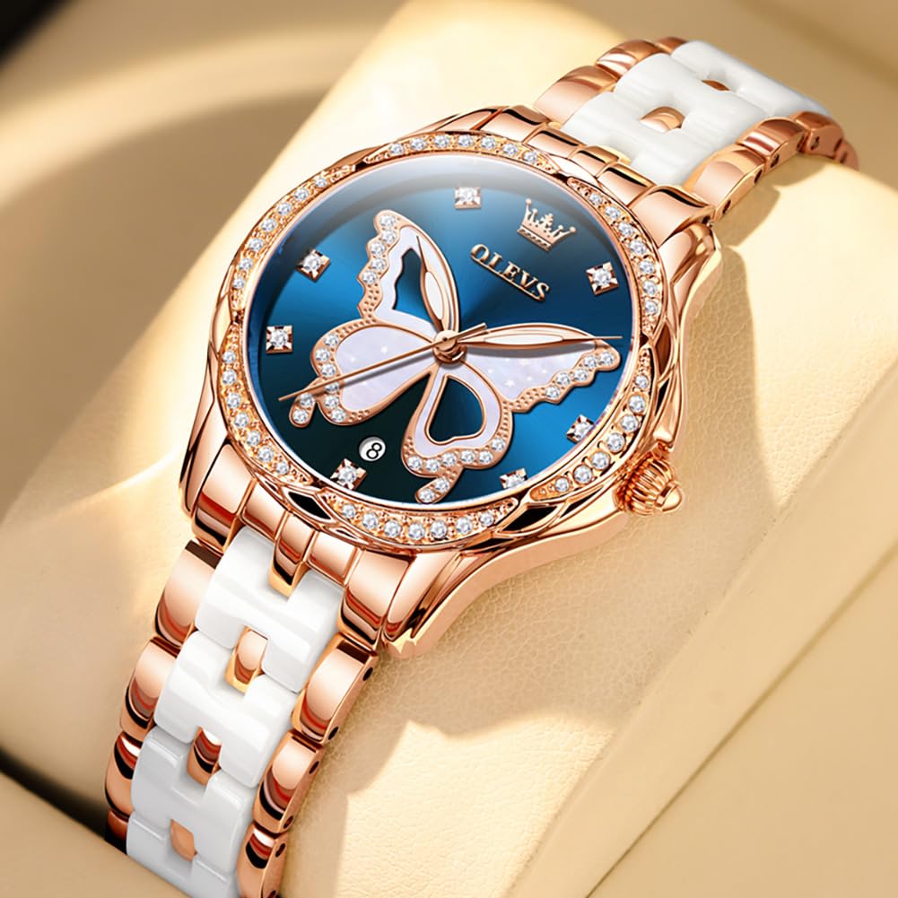 OLEVS Watches for Women Rose Gold Two Tone Fashion White Ceramic Ladies Wrist Watches Pink/Red Dial Stainless Steel Waterproof Date