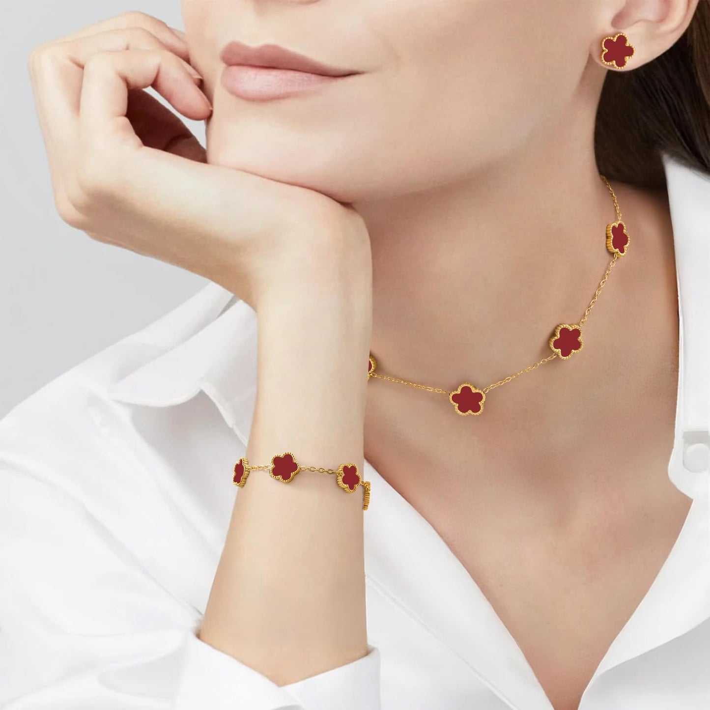 Gold Necklaces Bracelets Earring Set - 18K Gold Plated Flower Bracelet Chain,Stainless Steel Non Tarnish Floral Pendant Stud Jewelry Sets,Christmas Birthday Lucky Gift for Mom Wife Daughter Girlfriend